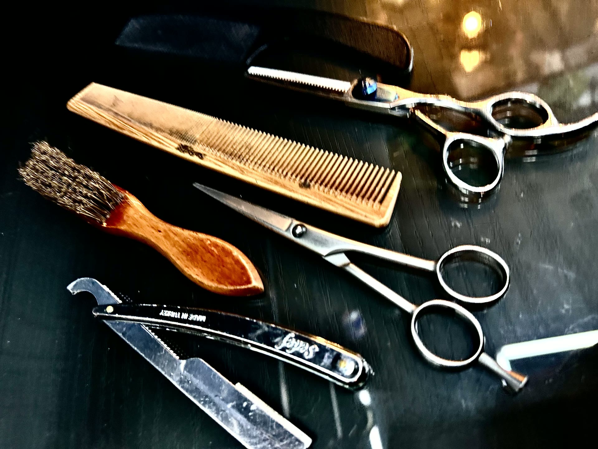 Barber scissors, razor and combs